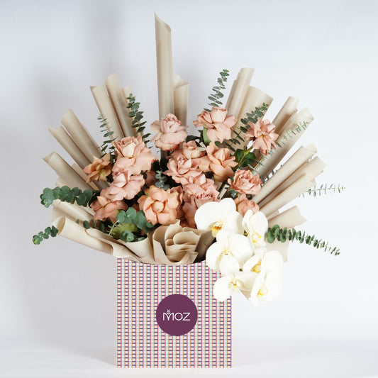 Lilt | Latte Roses, Peach Orchids  & Eucalyptus Leaves