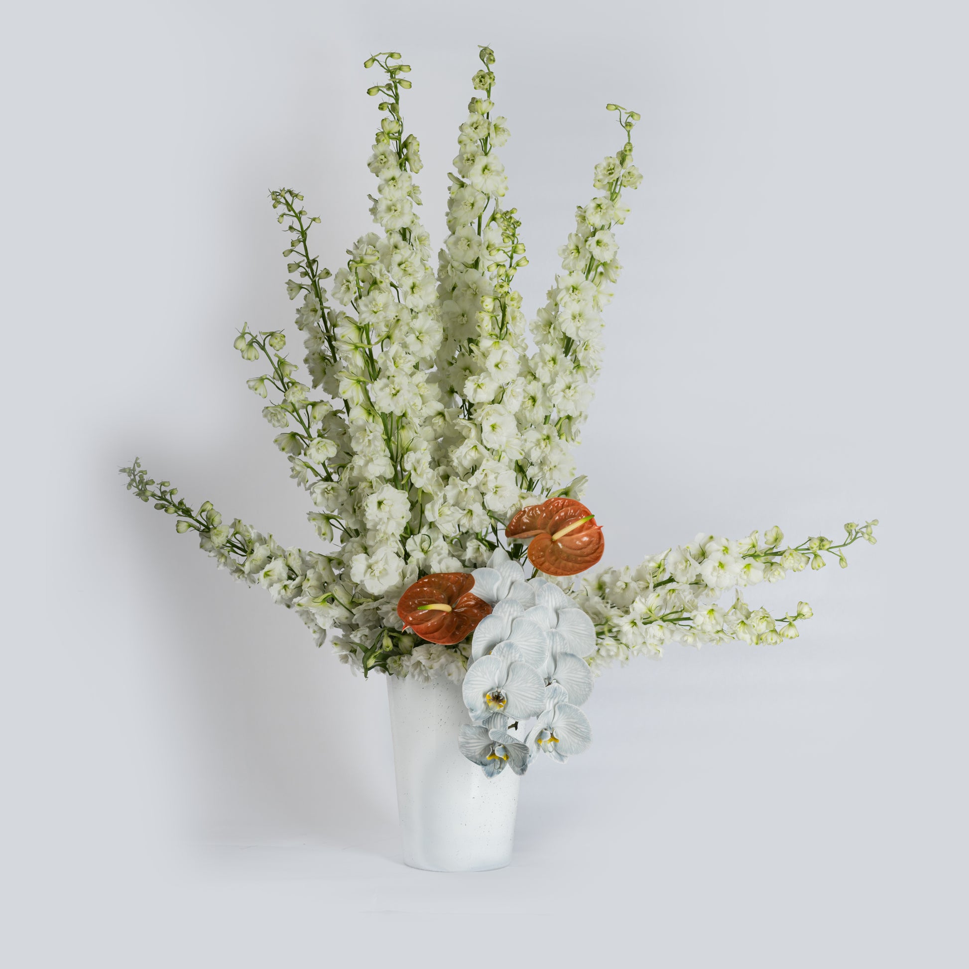 white delphinium flower arrangement