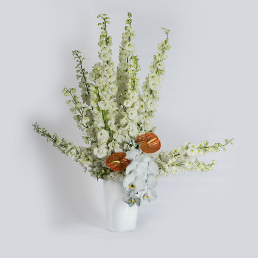 white delphinium flower arrangement