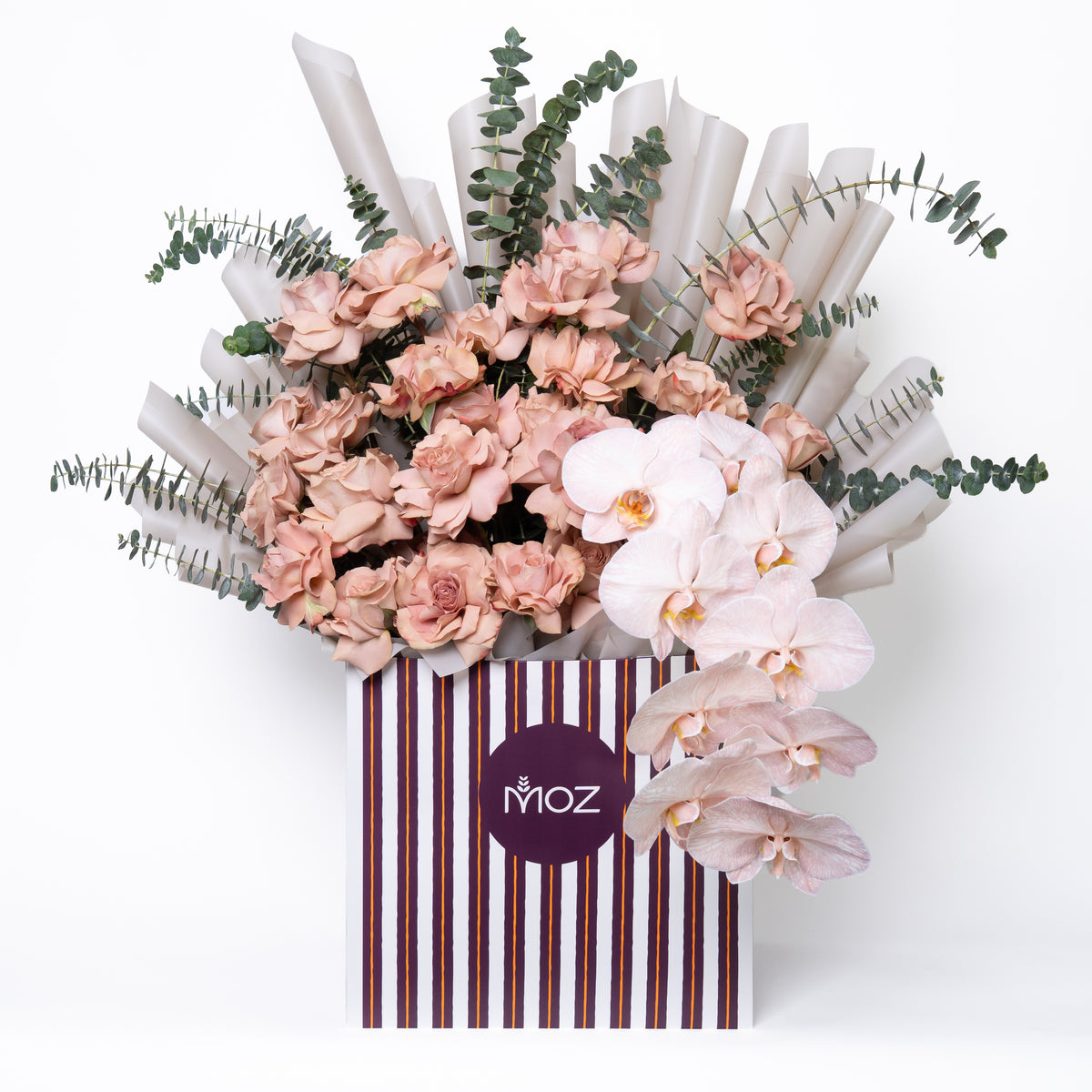 Lilt | Latte Roses, Peach Orchids  & Eucalyptus Leaves